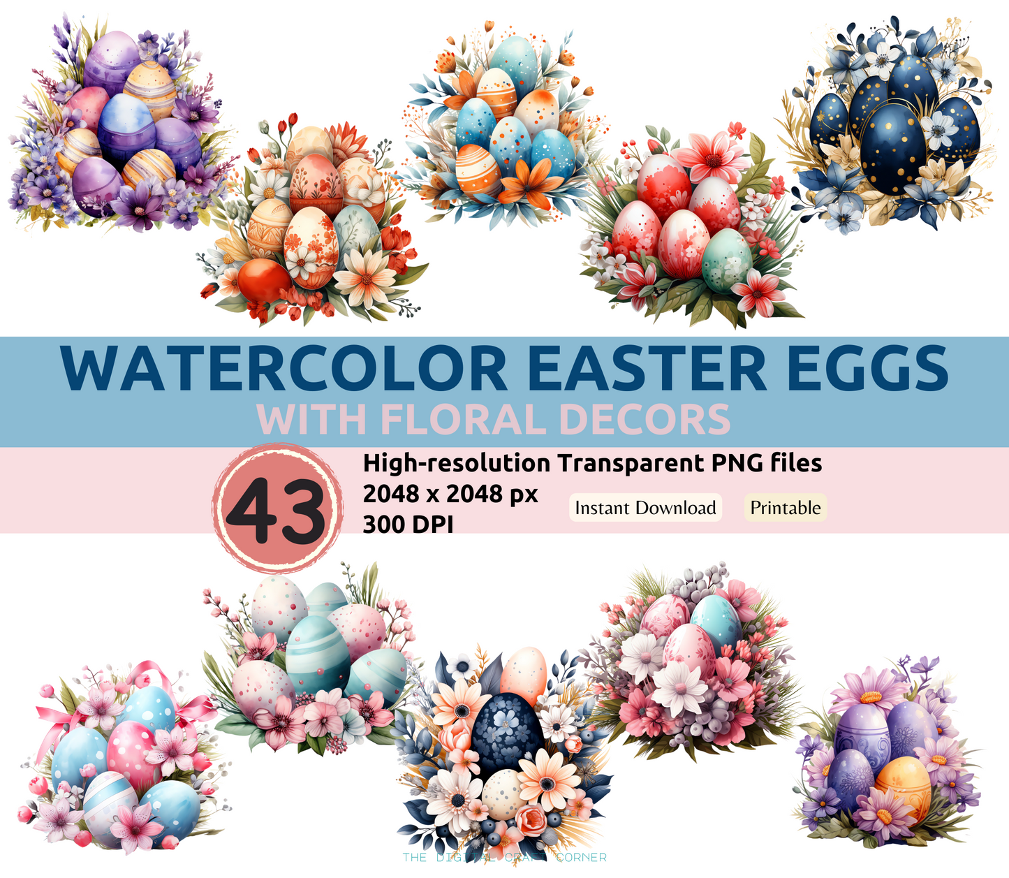 Watercolor Easter Eggs with Floral Decors