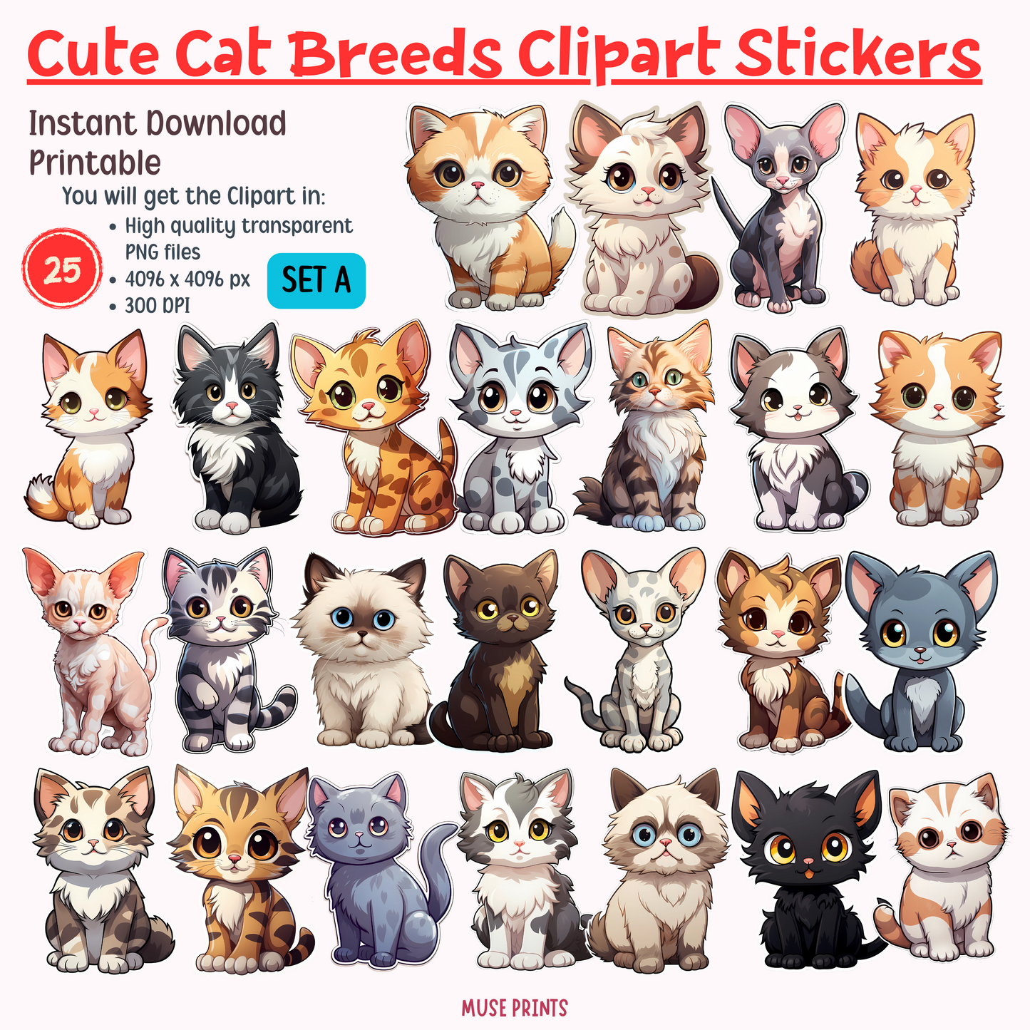 Purrfect Felines: Cat Breeds Clipart Stickers Set A