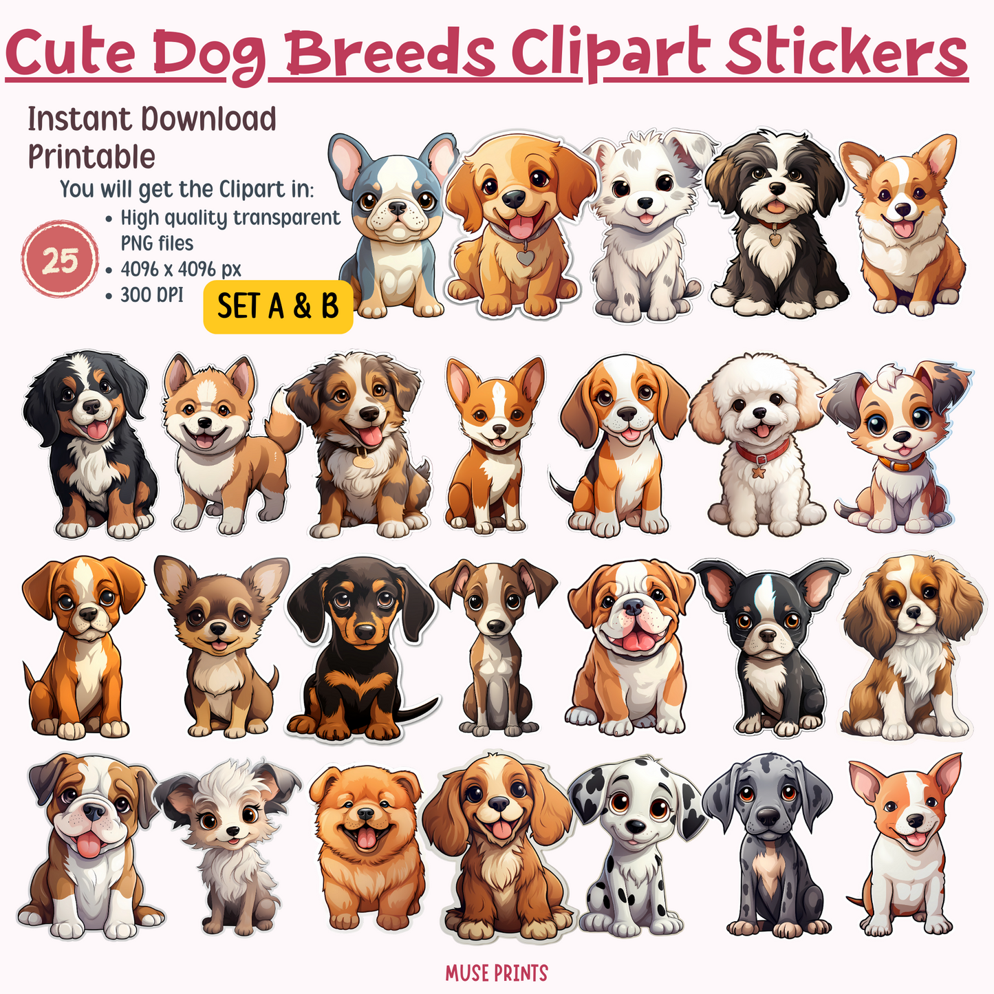 Charming Canines: Dog Breeds Clipart Stickers - Sets A & B