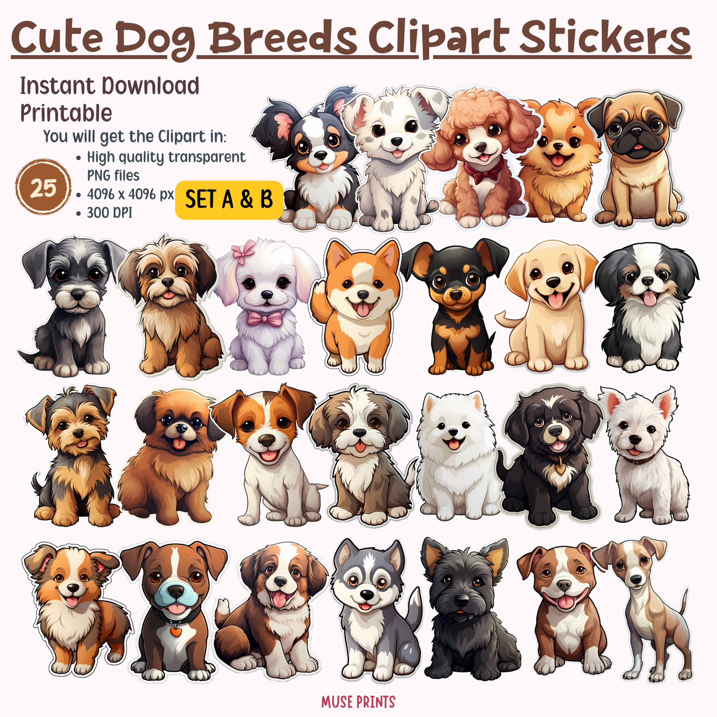 Charming Canines: Dog Breeds Clipart Stickers - Sets A & B