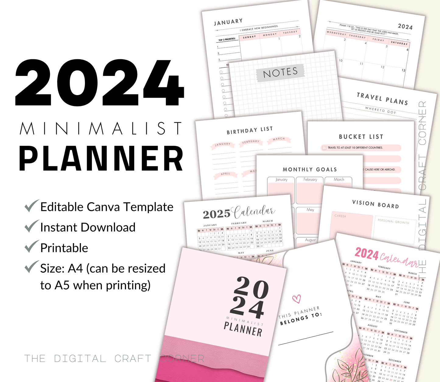 2024 Minimalist Pink Planner