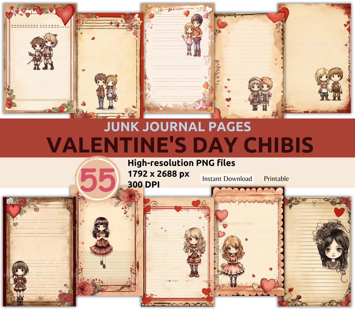 Junk Journal Pages - Valentine's Day Chibis
