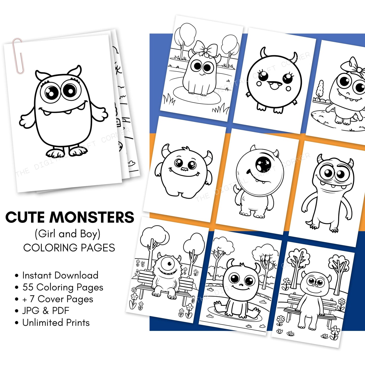 Cute Monsters Coloring Pages (Girl and Boy) - A4