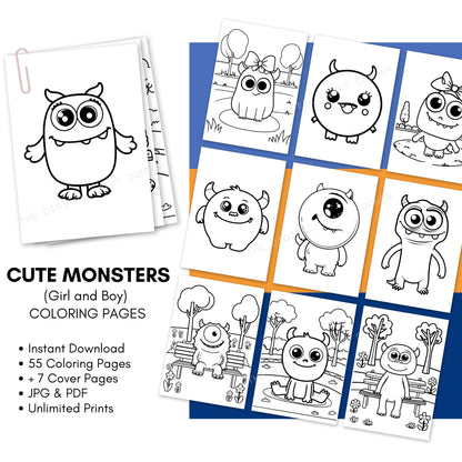 Cute Monsters Coloring Pages (Girl and Boy) - A4