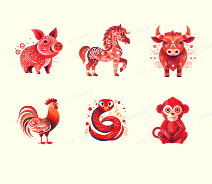 Chinese Zodiac: Animal Signs Clipart (Green and Red)