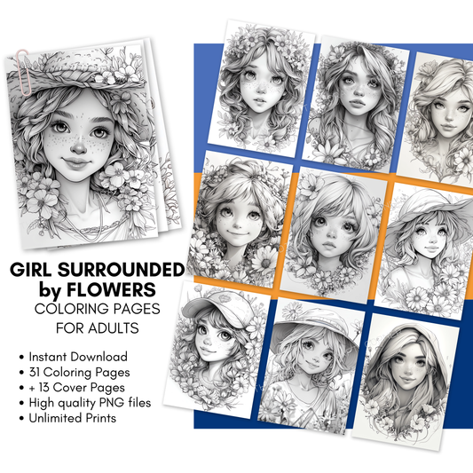 Girl Surrounded by Flowers Coloring Pages