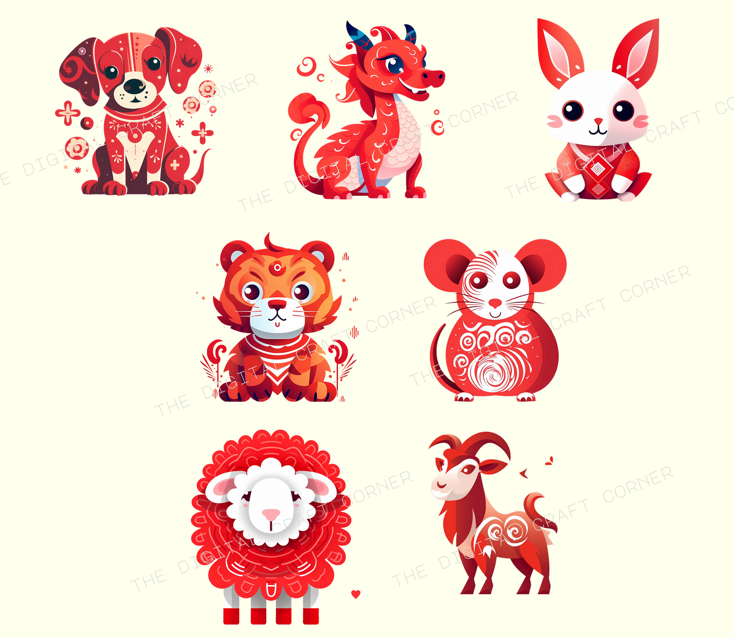 Chinese Zodiac: Animal Signs Clipart (Green and Red)