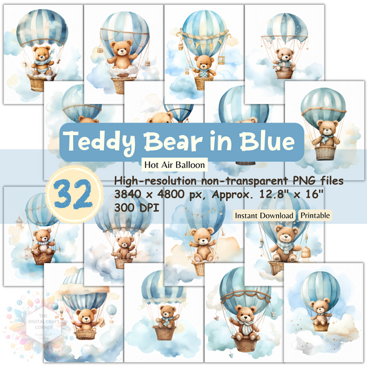 Teddy Bear in Blue Hot Air Balloon Wall Poster