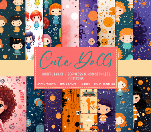 Cute Dolls Seamless and Non-seamless Patterns