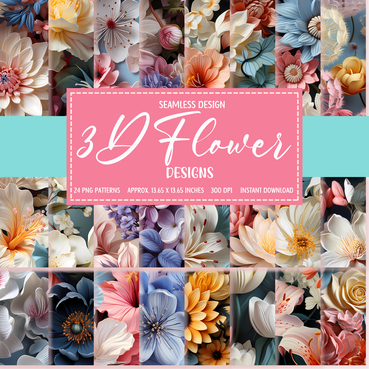 3D Flowers in Pastel Colors - Seamless Patterns