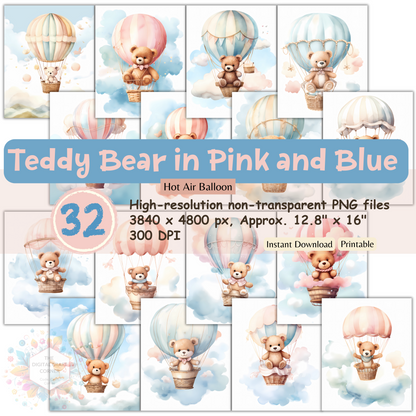 Teddy Bear in Pink and Blue Hot Air Balloon Wall Poster