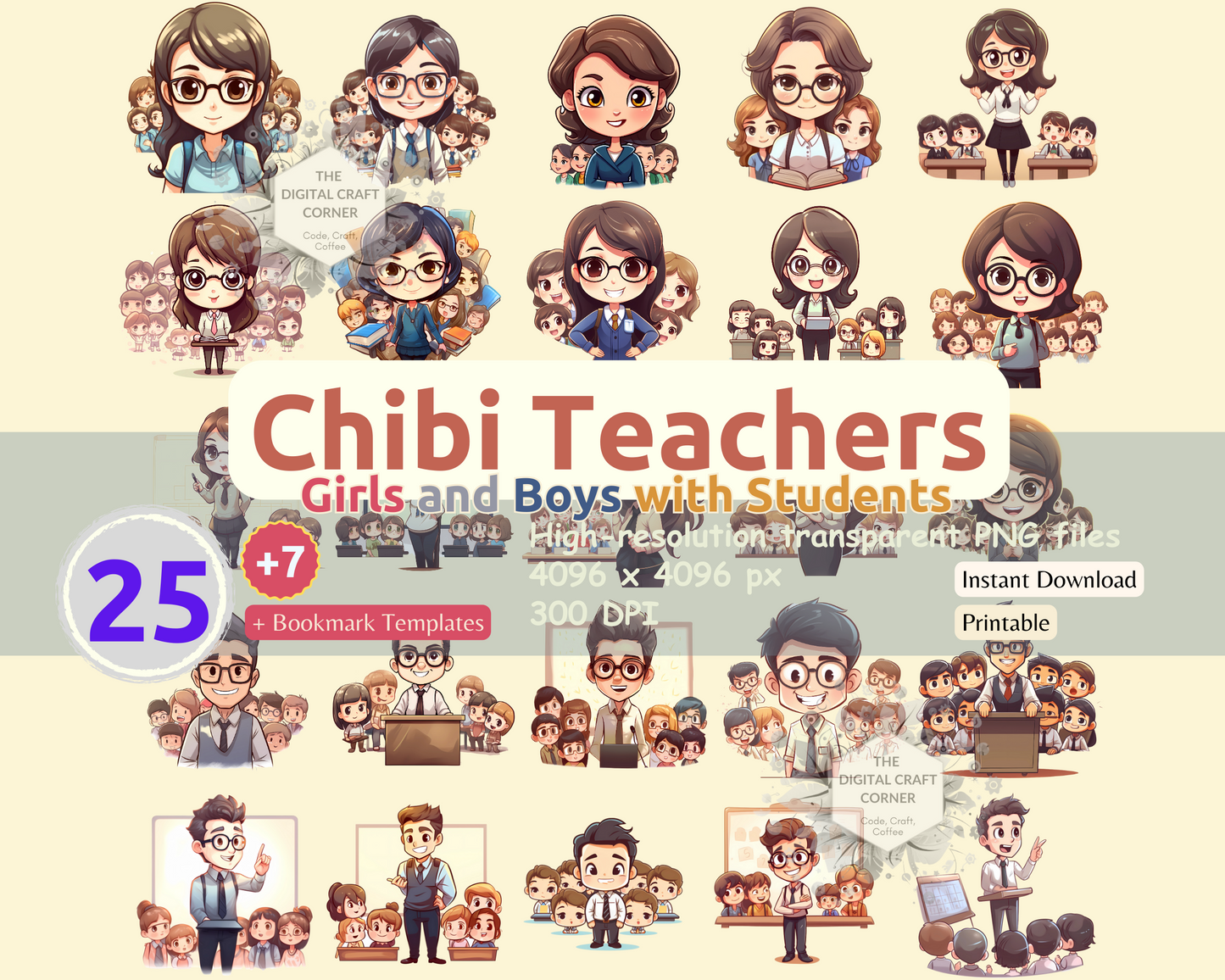 Chibi Teachers with Students Clipart + Bookmark Templates