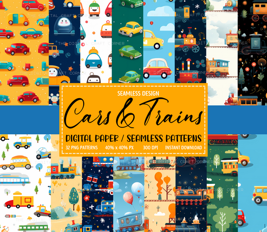 Cars and Trains Seamless Patterns