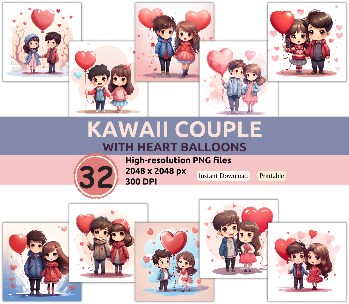 Kawaii Couple with Heart Balloons