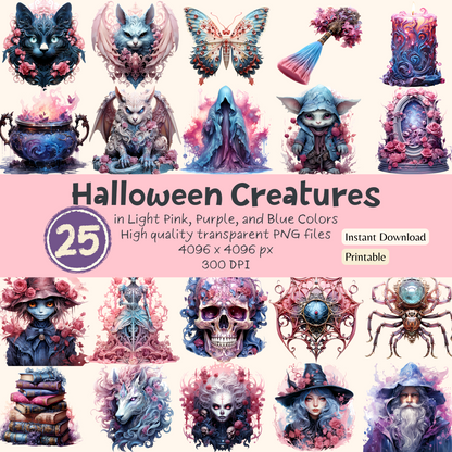 Halloween Creatures in Light Pink, Purple, and Blue Colors