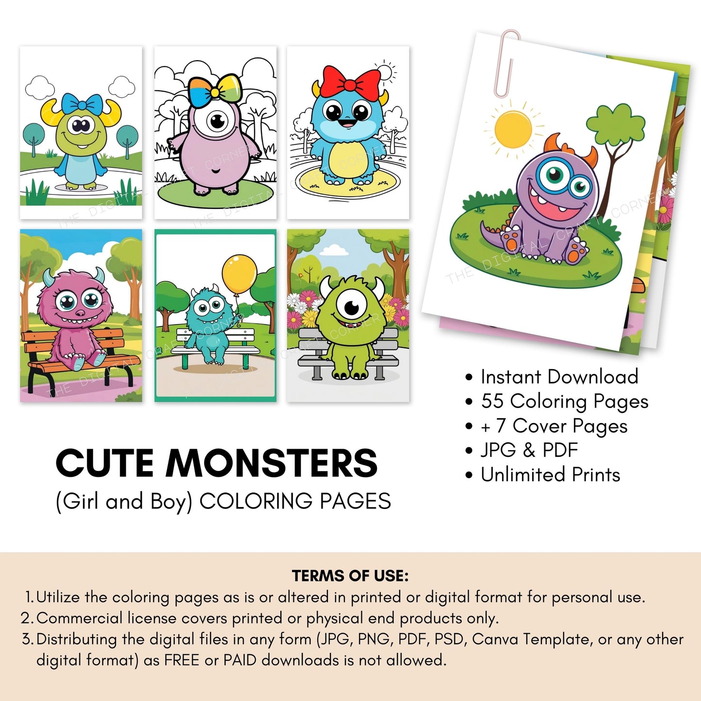 Cute Monsters Coloring Pages (Girl and Boy) - A4