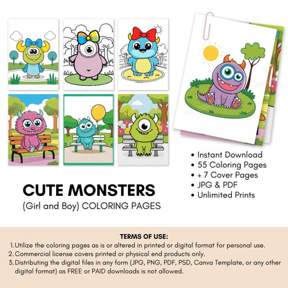 Cute Monsters Coloring Pages (Girl and Boy) - A4