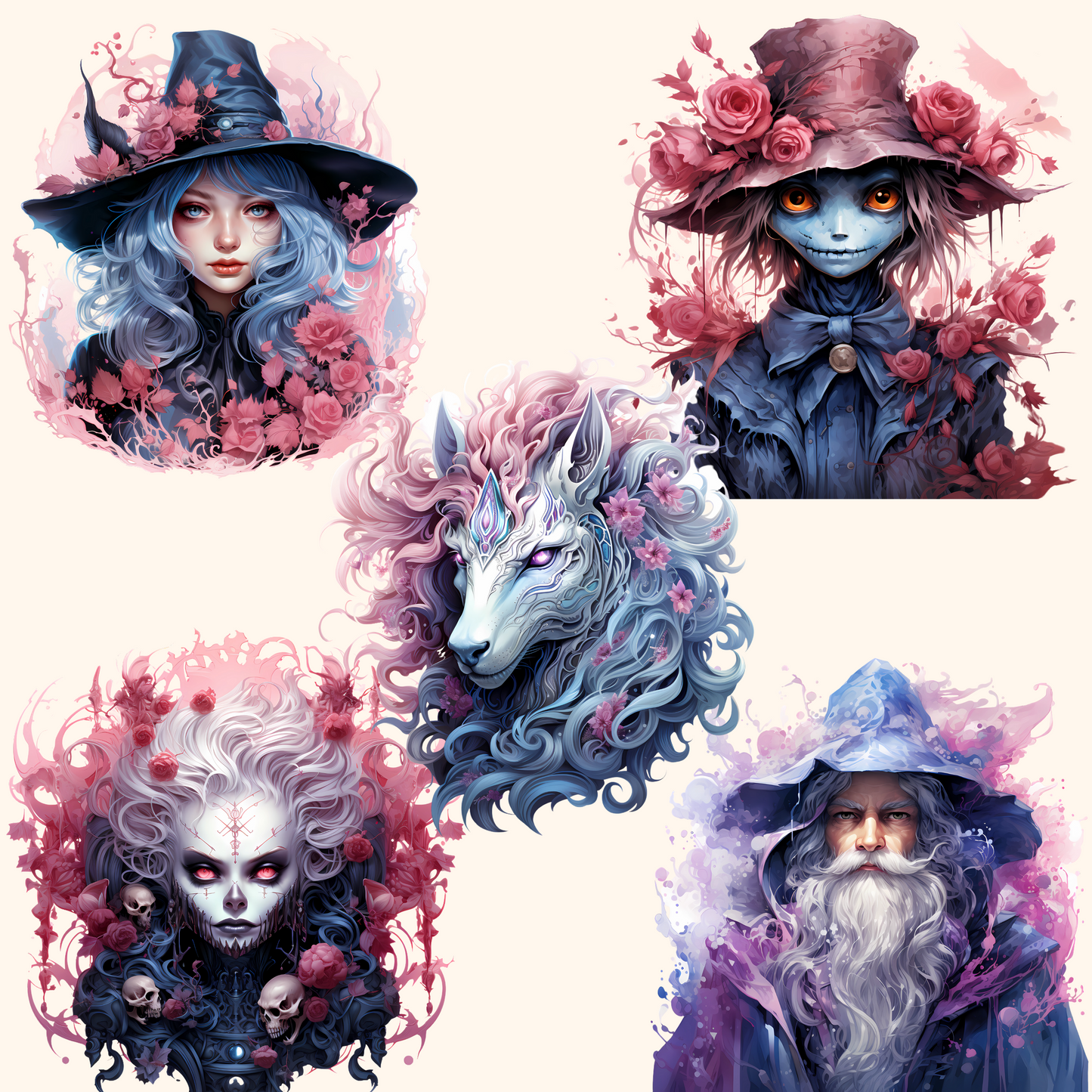 Halloween Creatures in Light Pink, Purple, and Blue Colors