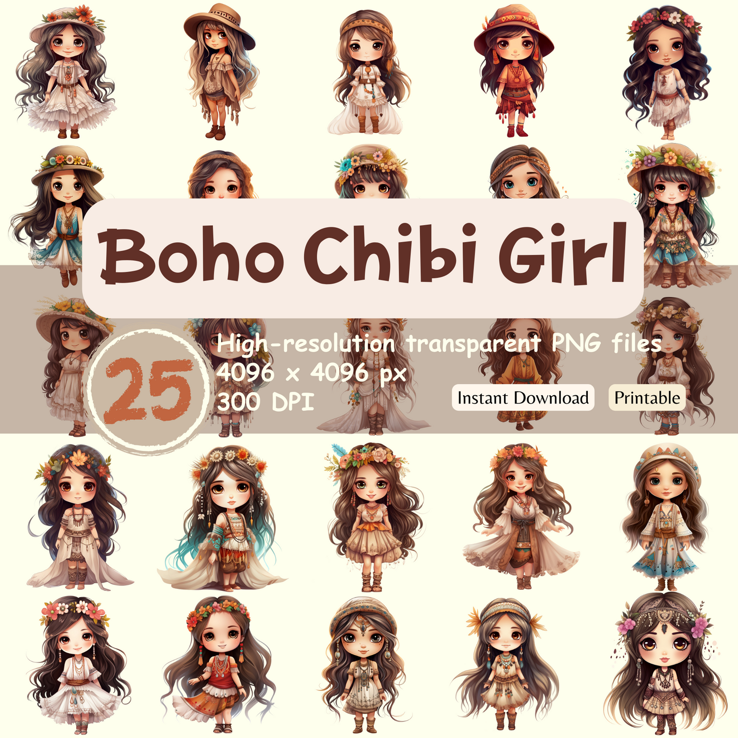 Boho Chibi Girl Clipart