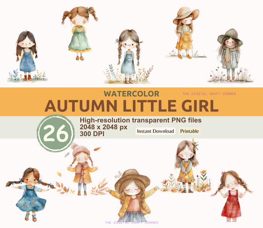 Watercolor Autumn Little Girl Clipart