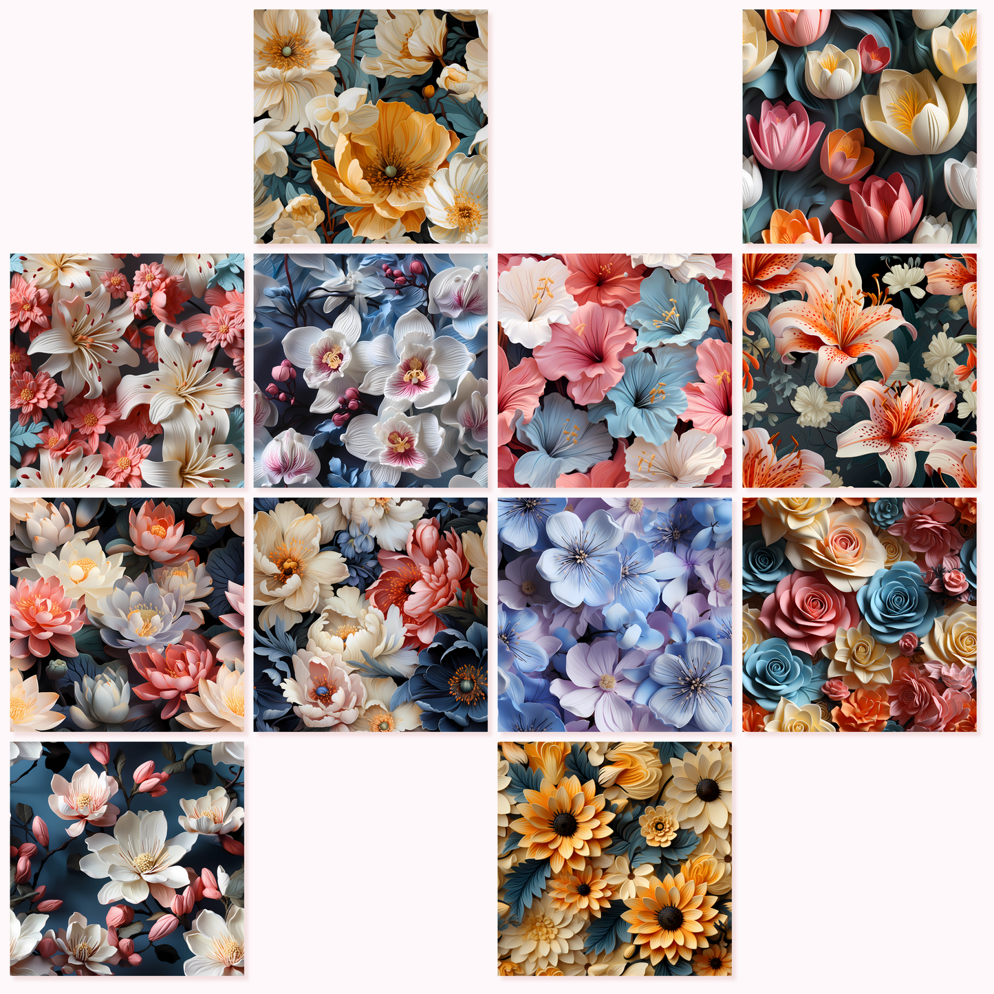 3D Flowers in Pastel Colors - Seamless Patterns