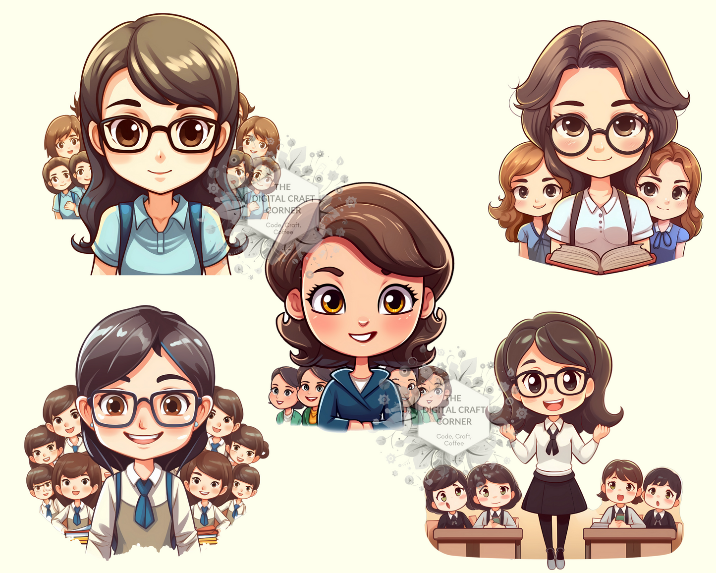 Chibi Teachers with Students Clipart + Bookmark Templates