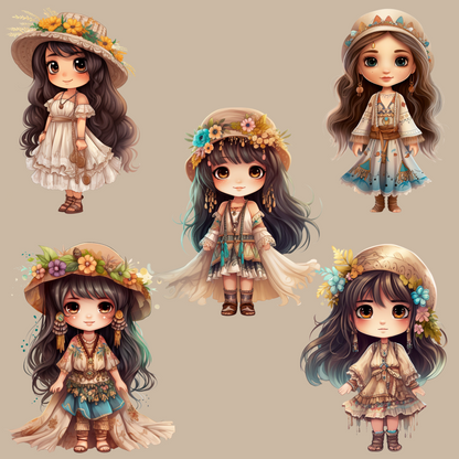 Boho Chibi Girl Clipart