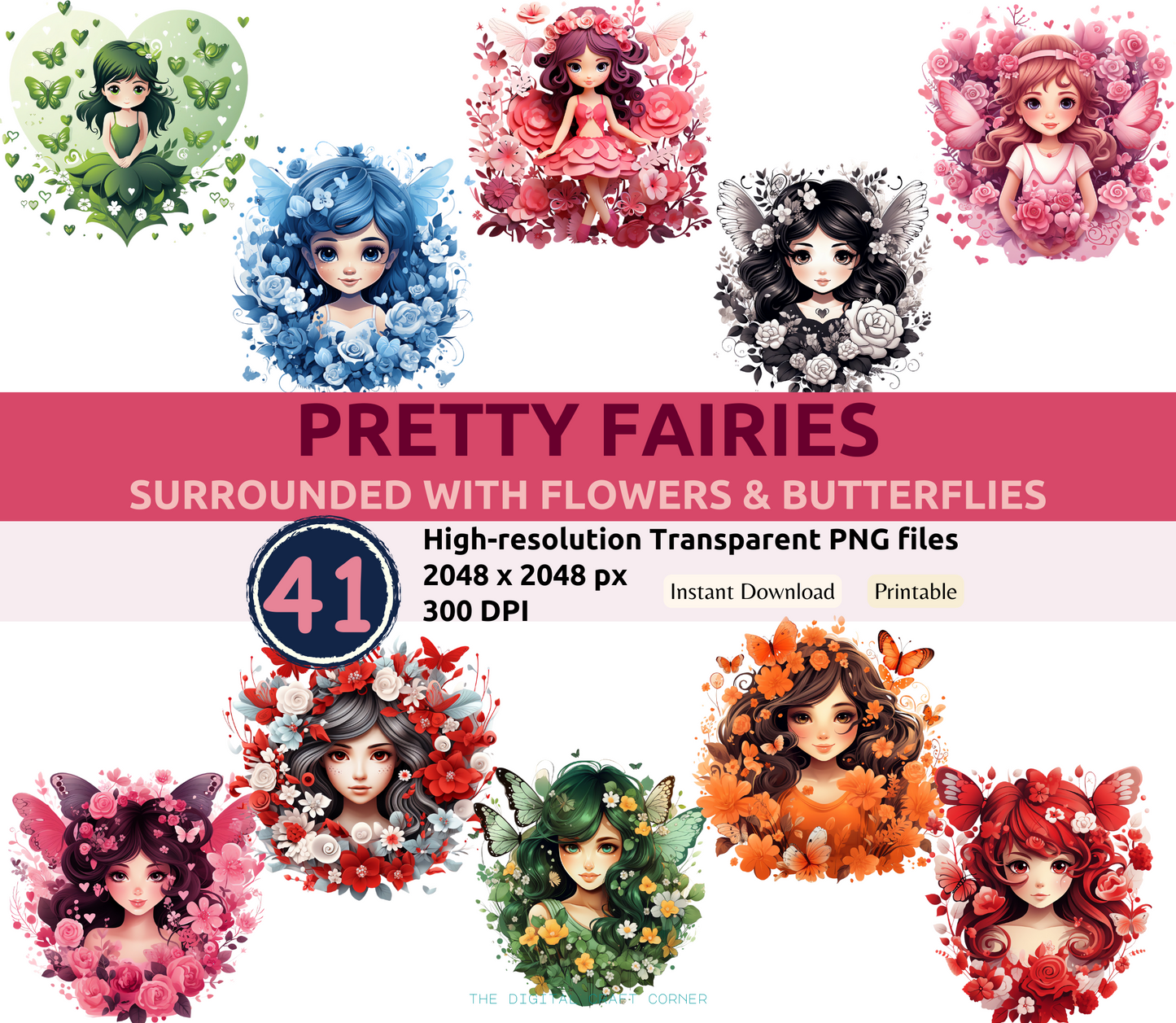 Pretty Fairies Clipart with Flowers and Butterflies