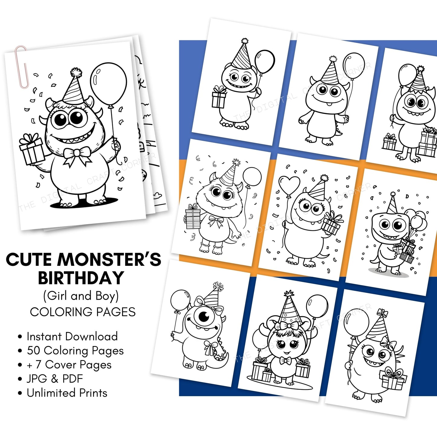 Cute Monsters Birthday Coloring Pages (Girl and Boy) - A4