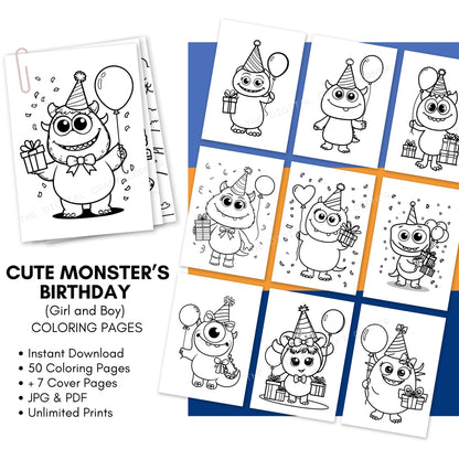 Cute Monsters Birthday Coloring Pages (Girl and Boy) - A4