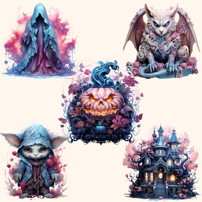 Halloween Creatures in Light Pink, Purple, and Blue Colors