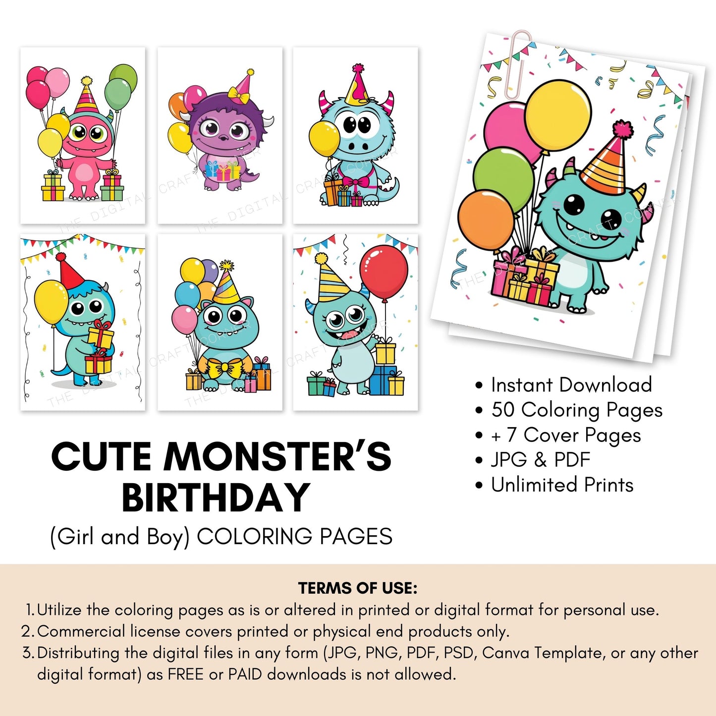 Cute Monsters Birthday Coloring Pages (Girl and Boy) - A4