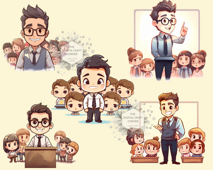 Chibi Teachers with Students Clipart + Bookmark Templates