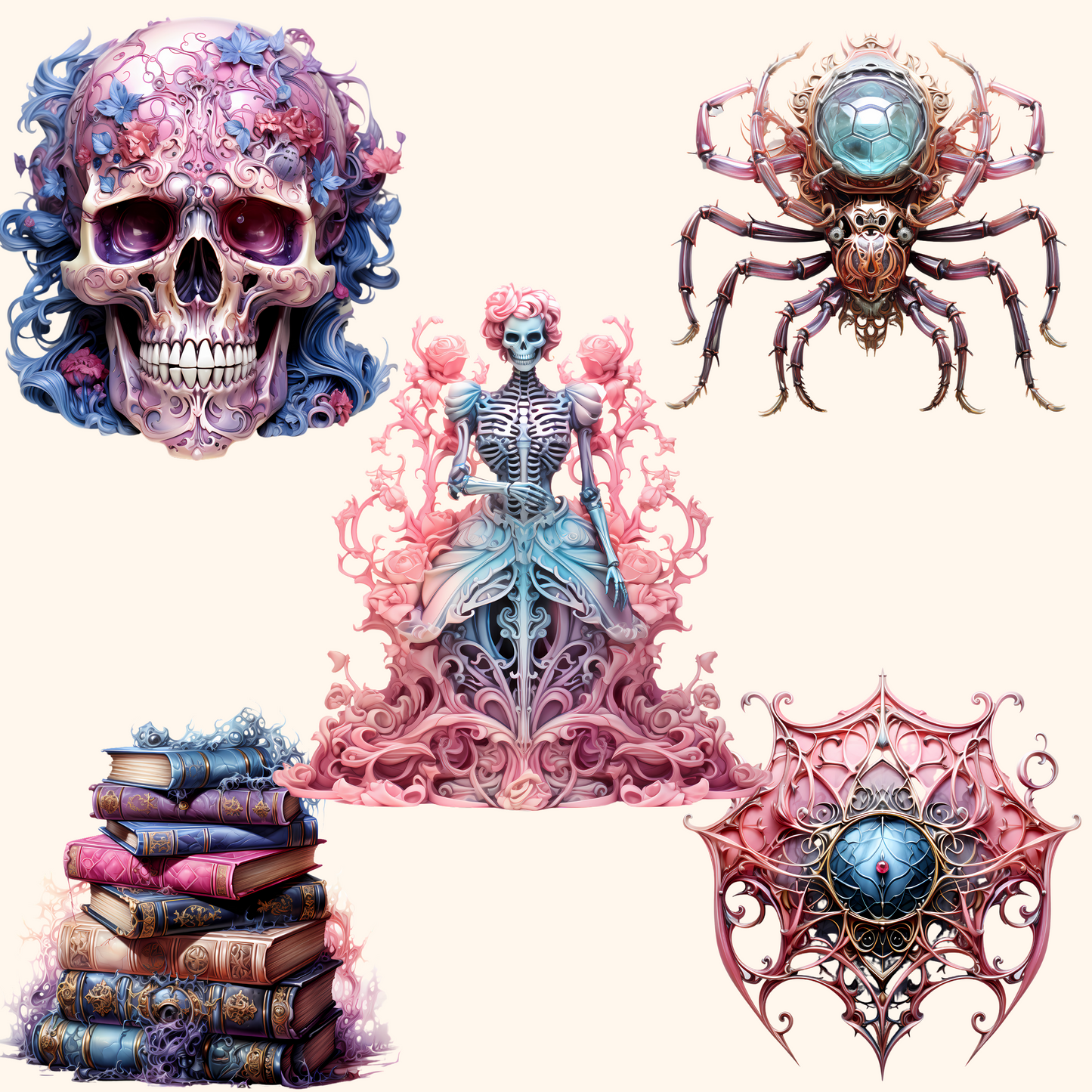 Halloween Creatures in Light Pink, Purple, and Blue Colors