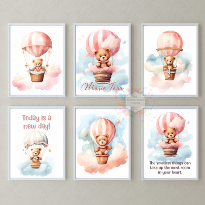 Teddy Bear in Pink and Blue Hot Air Balloon Wall Poster