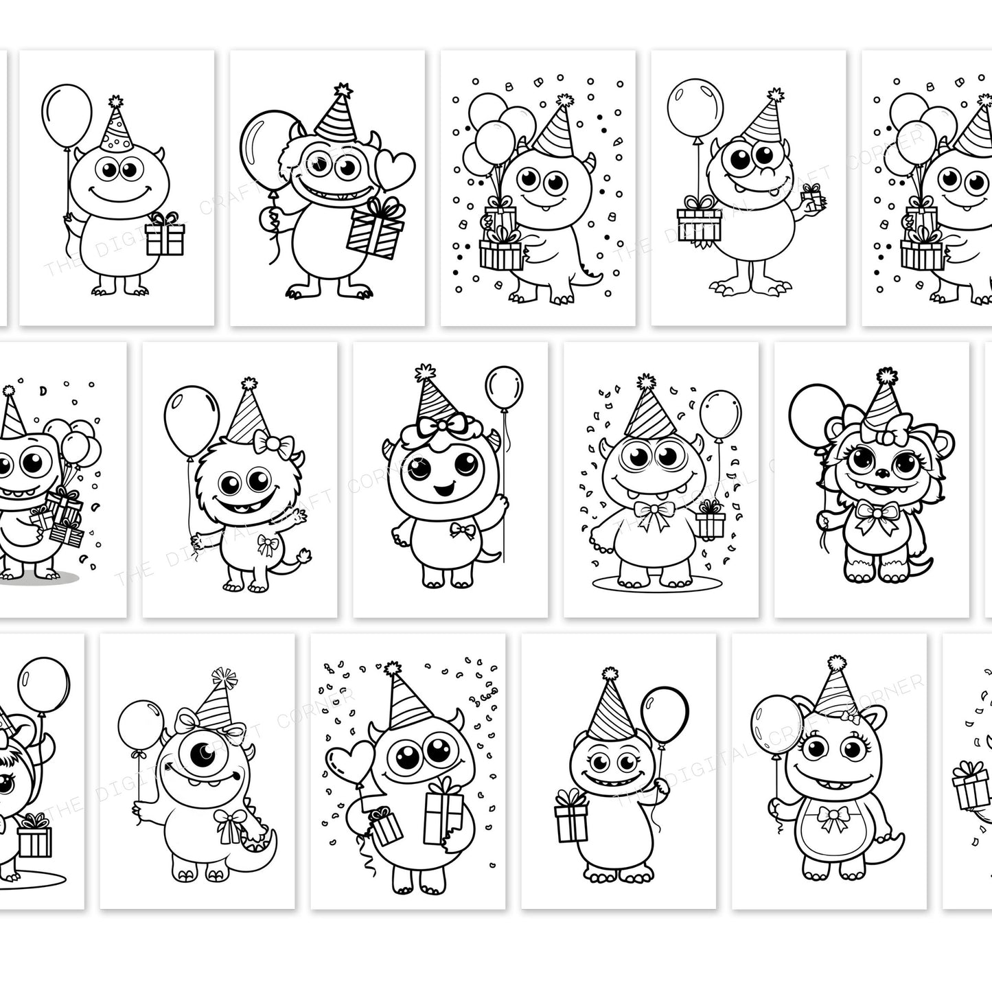 Cute Monsters Birthday Coloring Pages (Girl and Boy) - A4