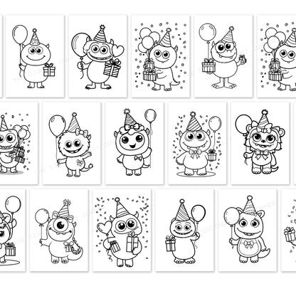 Cute Monsters Birthday Coloring Pages (Girl and Boy) - A4