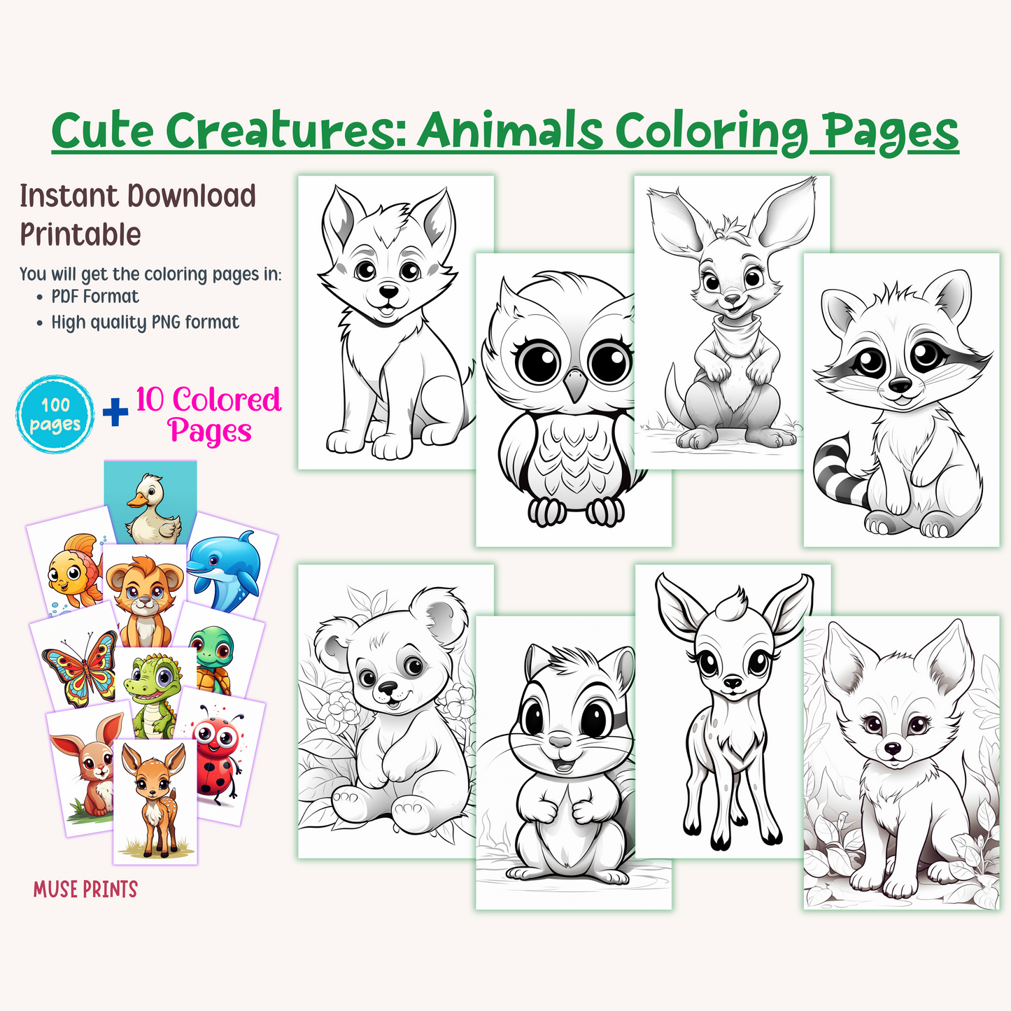 Cute Creatures: Animals Coloring Pages