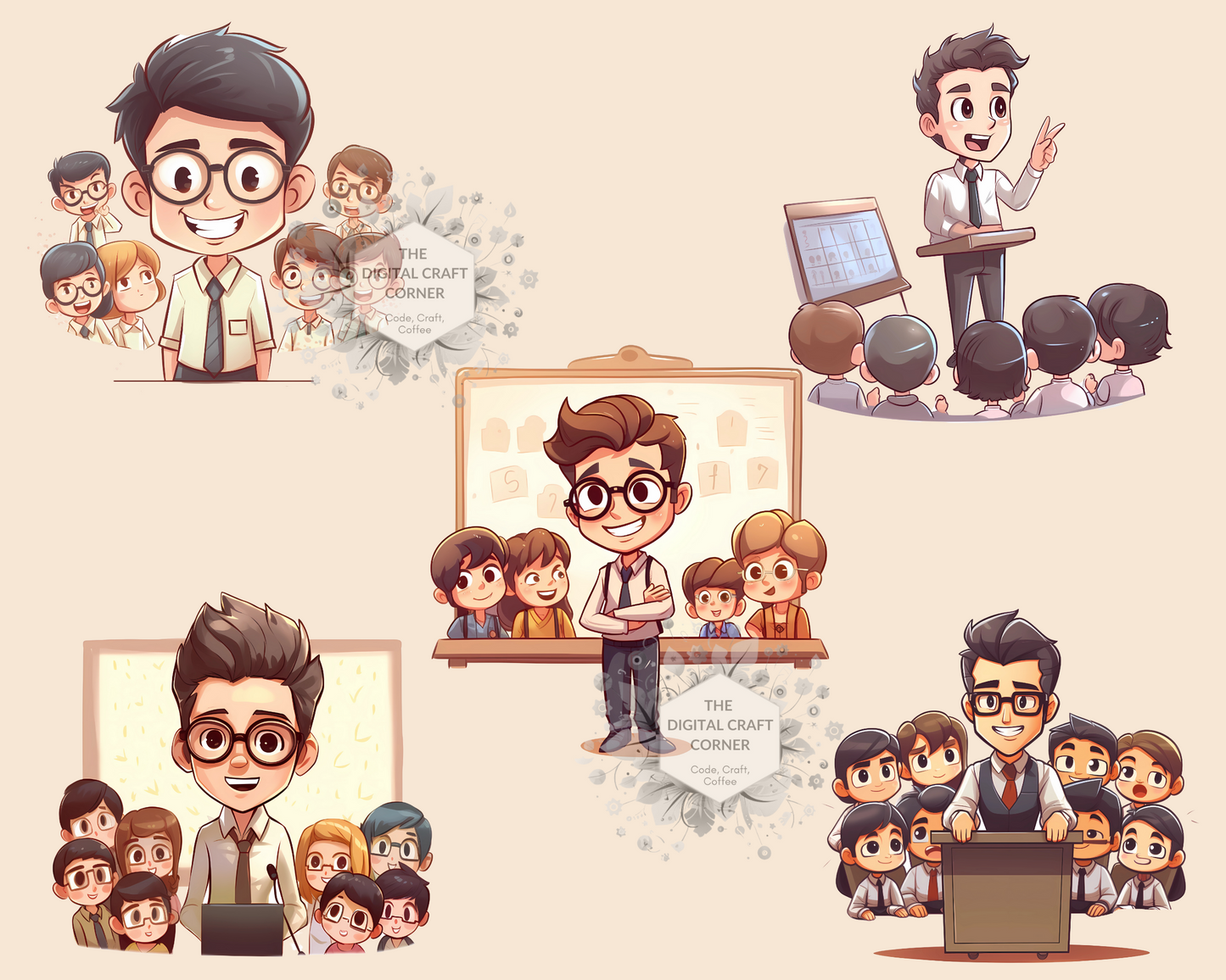 Chibi Teachers with Students Clipart + Bookmark Templates