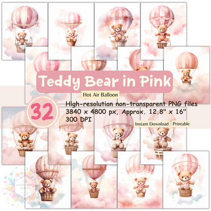 Teddy Bear in Pink Hot Air Balloon Wall Poster