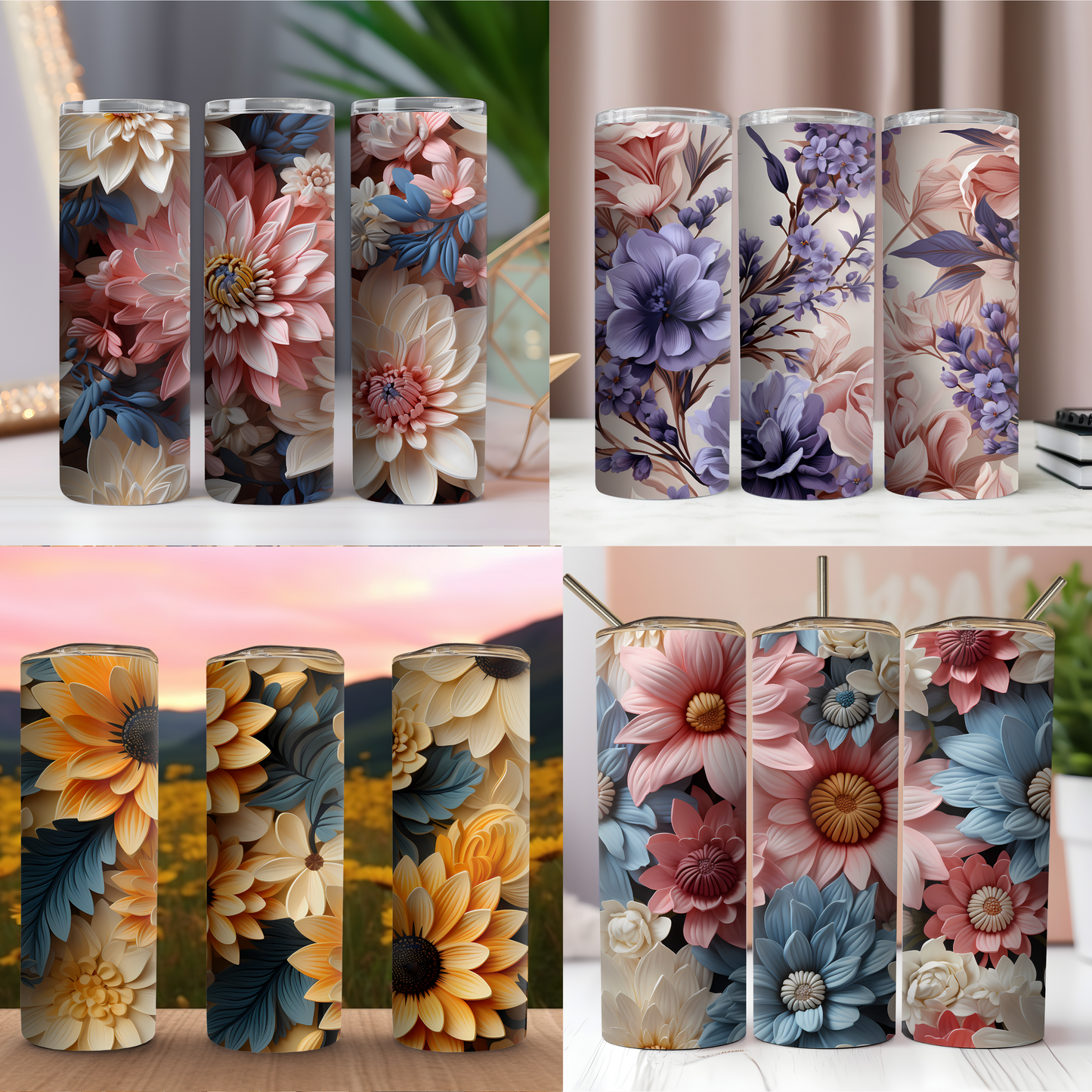 3D Flowers in Pastel Colors - Seamless Patterns