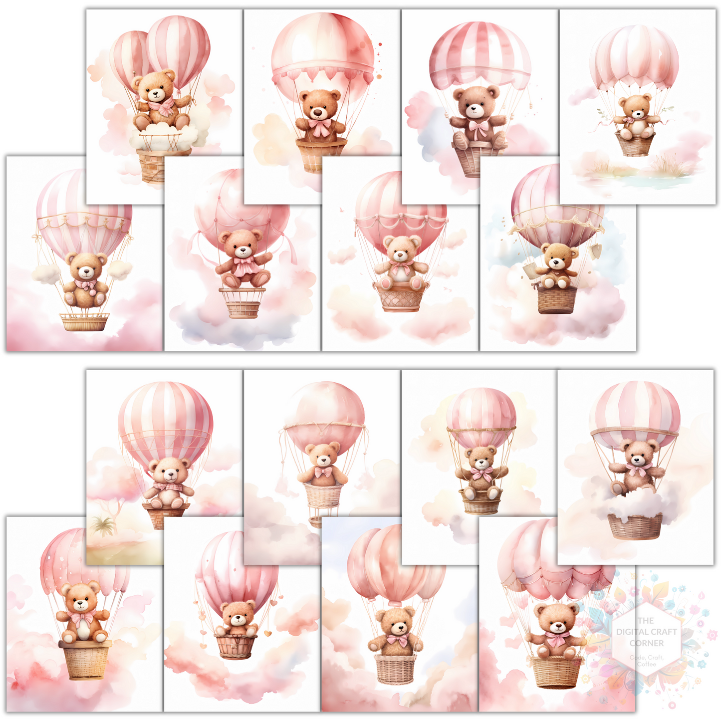 Teddy Bear in Pink Hot Air Balloon Wall Poster