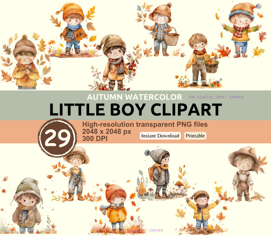Autumn Watercolor Little Boy Clipart