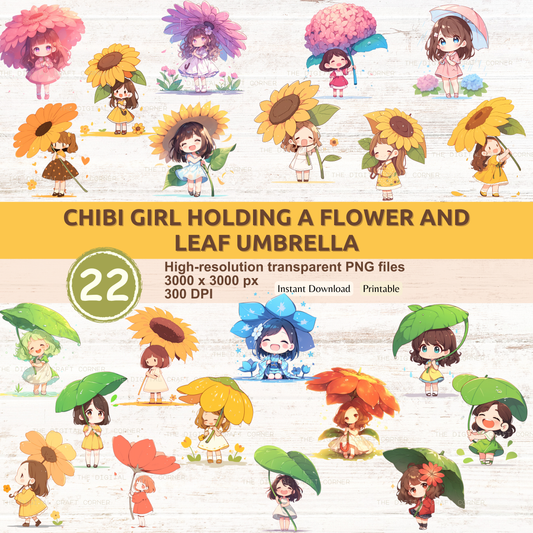Chibi Girl Holding a Flower and Leaf Umbrella