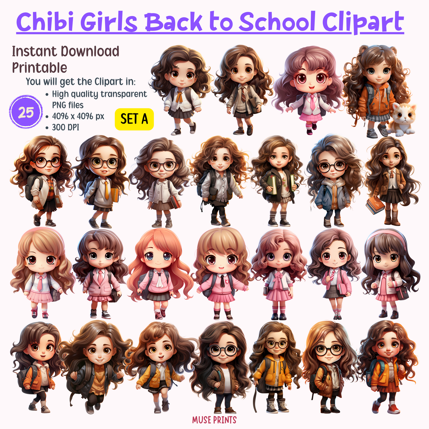 Chibi Girls Back to School Clipart - Set A