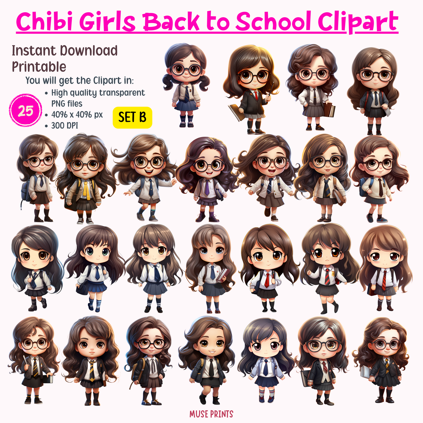 Chibi Girls Back to School Clipart - Set B