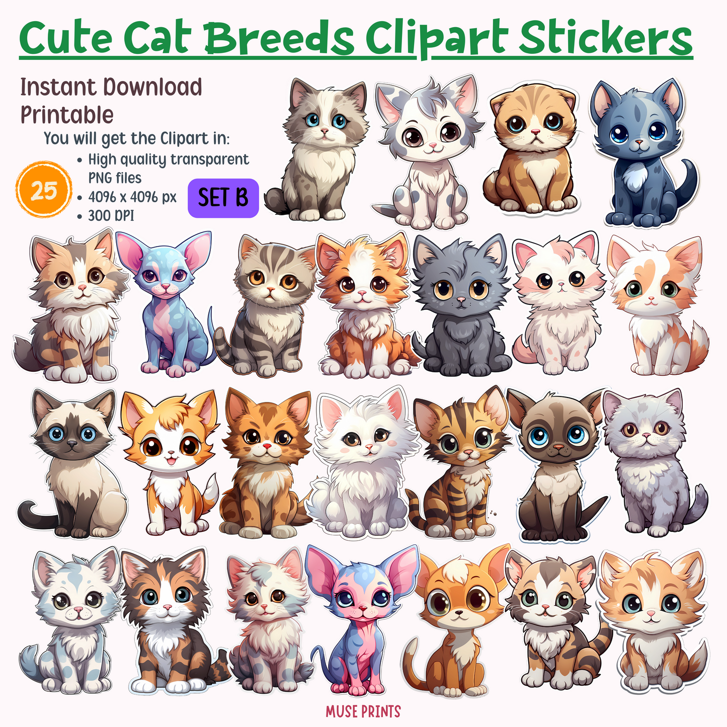 Purrfect Felines: Cat Breeds Clipart Stickers Set B