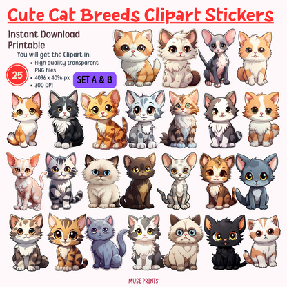 Purrfect Felines: Cat Breeds Clipart Stickers Sets A & B