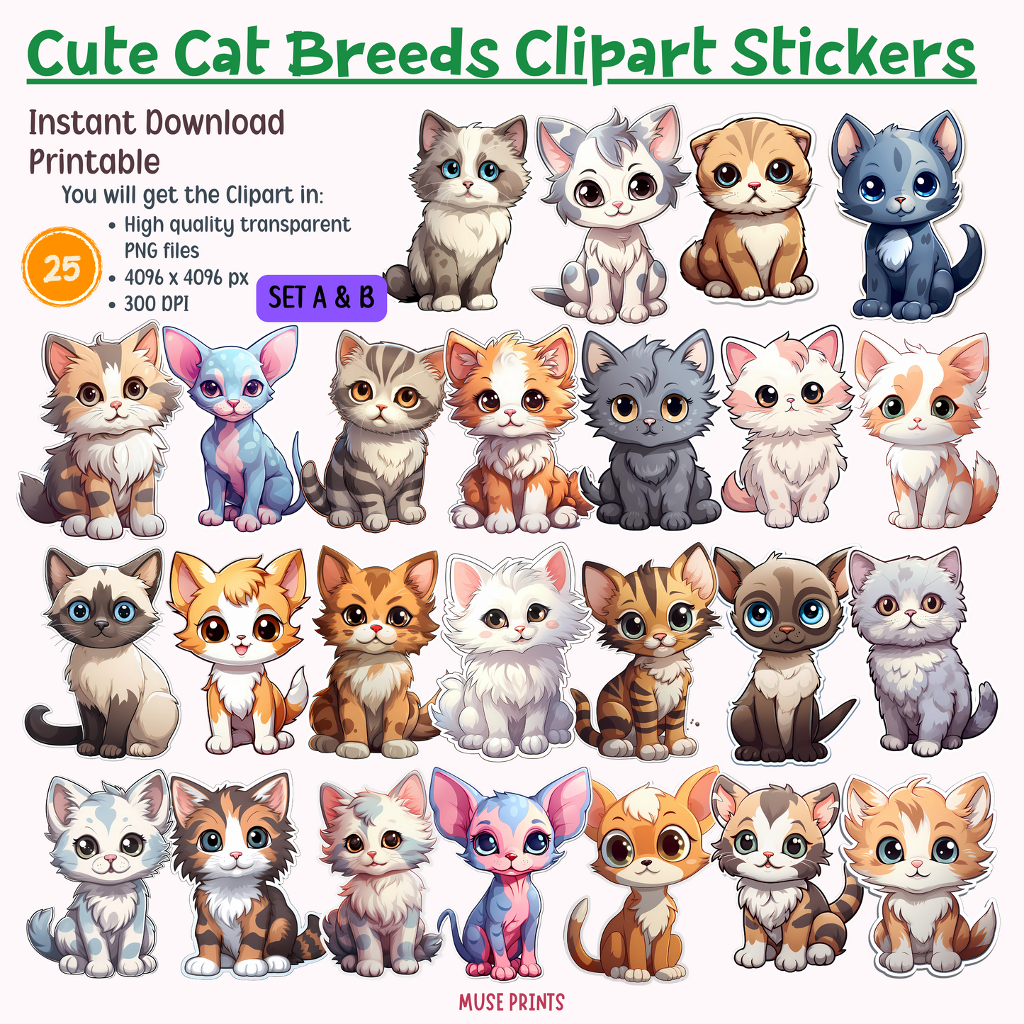Purrfect Felines: Cat Breeds Clipart Stickers Sets A & B