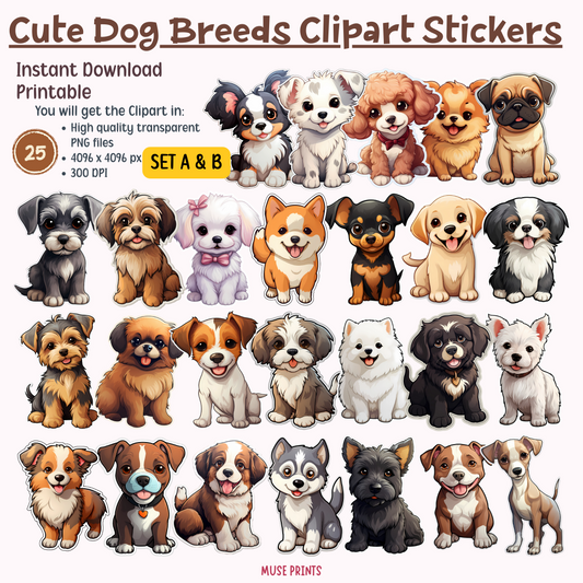 Charming Canines: Dog Breeds Clipart Stickers - Sets A & B